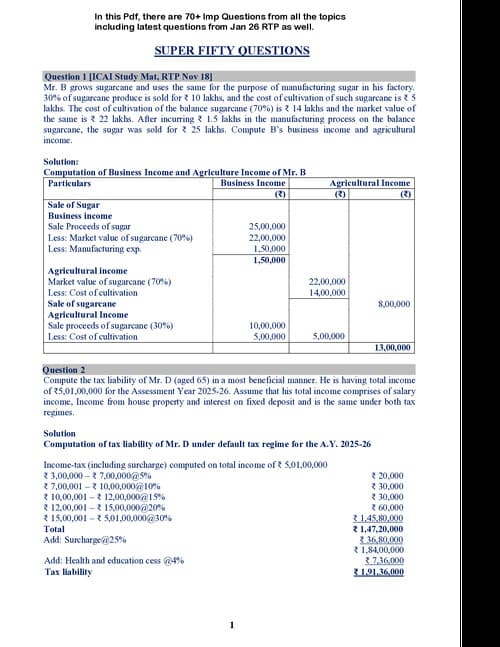 First page of SUPER 50 QUESTIONS OF DIRECT TAX - CA INTER