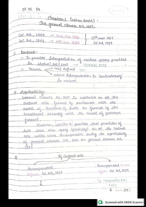 First page of General Clauses Act - 1897 Handwritten Notes - CA Abhishek Bansal Best Revision & Summary Notes !