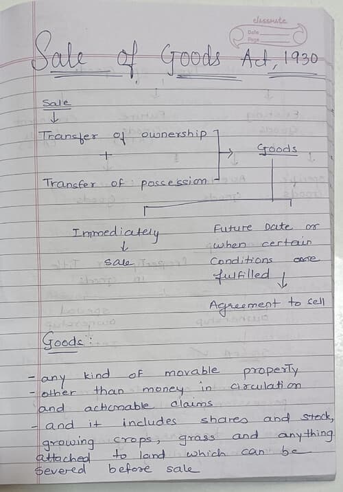 First page of Handwriting notes sale of goods act 1930