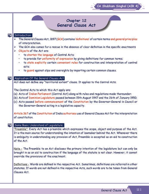 First page of Ch-12 General Clause Act Summary Book By Shubham Singhal 6th Edition ✅