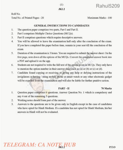 First page of CORPORATE AND OTHER LAWS [Paper 2] ALL INDIA MASTER MOCK TEST ALONG WITH SOLUTION BY CA SHUBHAM SINGHAL FOR JANAURY, 2026