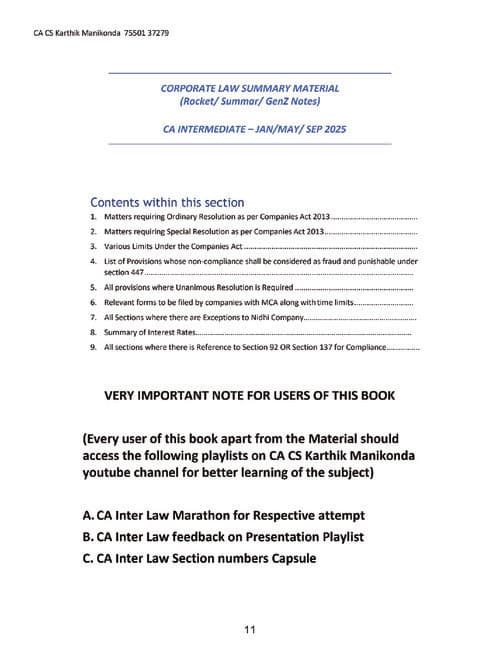 First page of Last Day Revision Notes- Jan 2026 and Onwards Corporate and Other Law [Paper2]. Summary Notes.