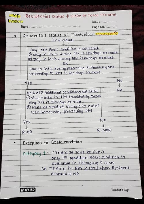 First page of Residential status handwritten notes