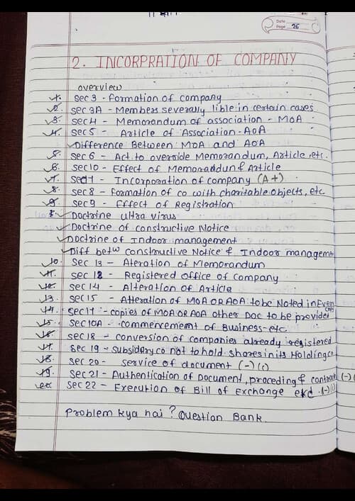 First page of CH 2 Incorporation of company handwritten notes corporate and other laws