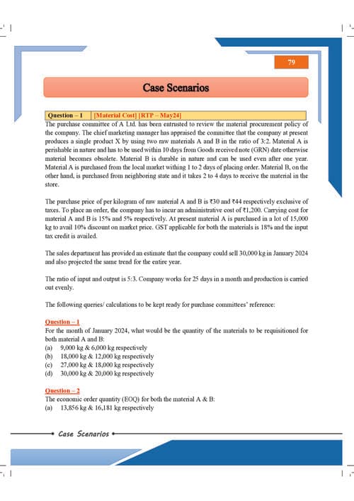 First page of Costing Case Scenarios - PW WALLAH Important MCQ's for Exams