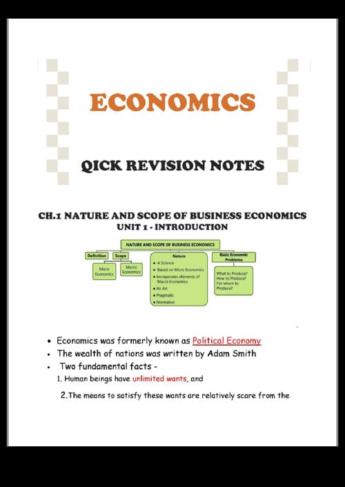 First page of Quick Revision Notes Business Economics