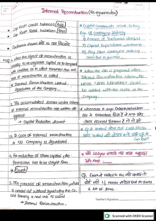 First page of Internal reconstruction summary
