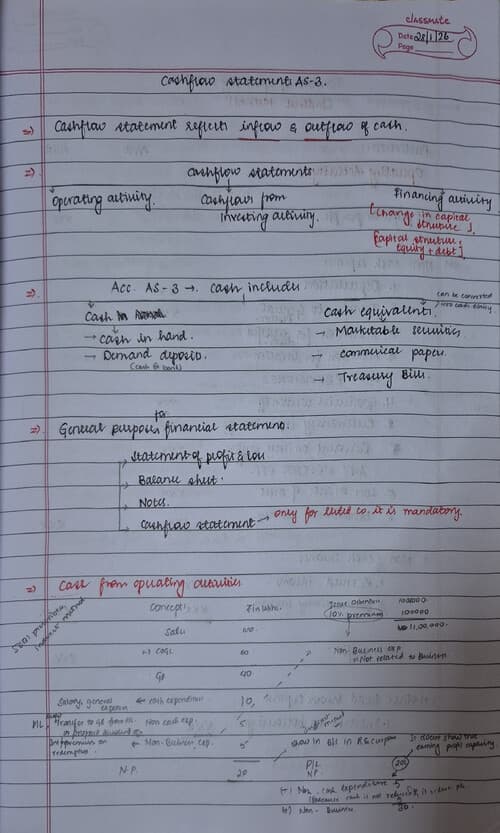 First page of Cashflow statement concepts with basic sums