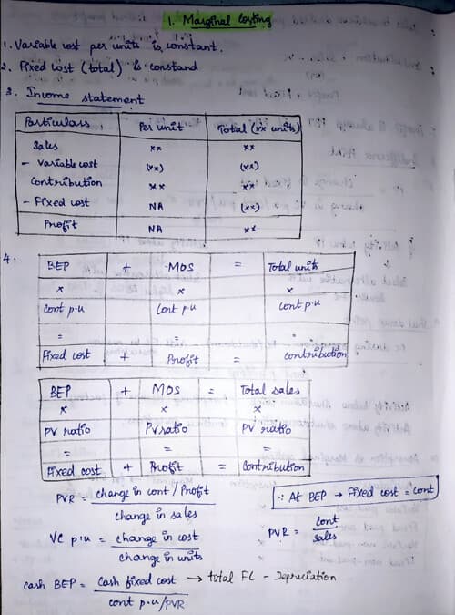 First page of Marginal costing handwritten notes