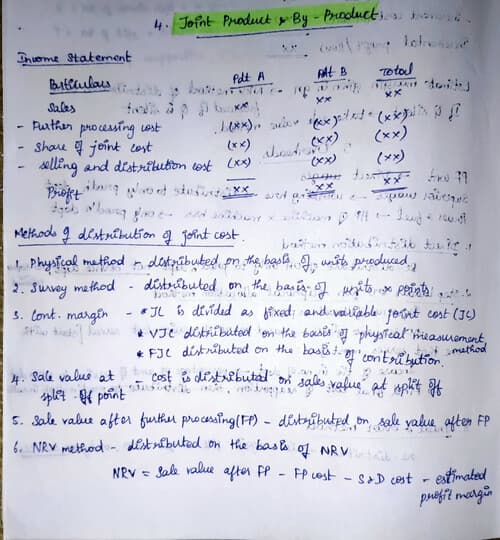 First page of Joint products & By products handwritten notes