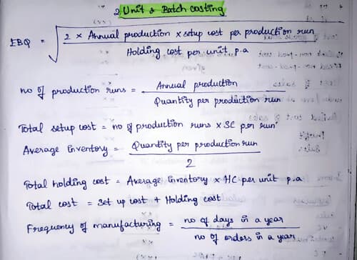 First page of Unit & Batch costing handwritten notes