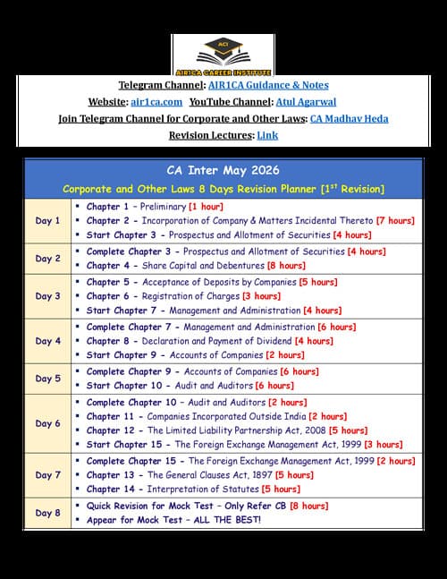 First page of CA Inter May 26 Law 8 Days Revision Planner By CA Madhav Heda ( AIR 1 CA Institute)