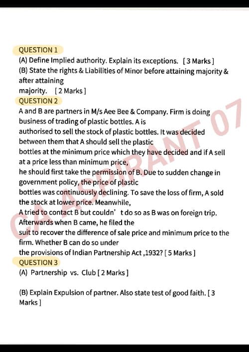 First page of Partnership act que for practice by CA Aspirant 07 .