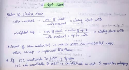 First page of Cost sheet chapter handwritten notes