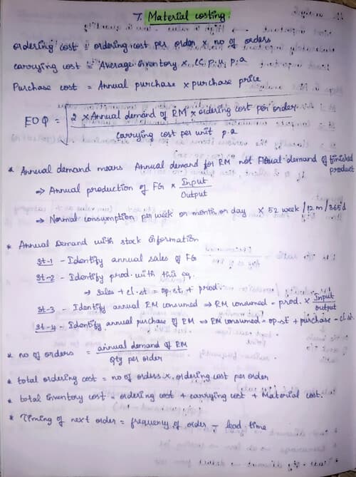 First page of Material costing chapter handwritten notes