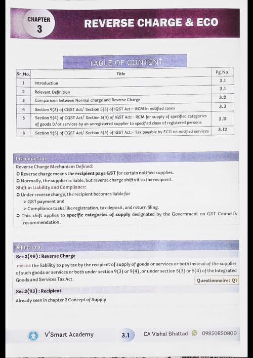 First page of GST Chapter 3 Reverse charge and ECO concept book ( CA Vishal Bhattad) for May 26 and onwards.