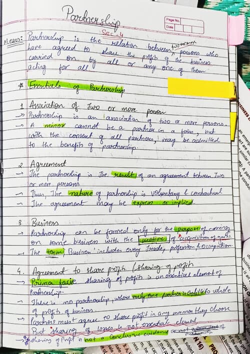 First page of CA foundation business law handwritten detailed notes of partnership act 1932 UNIT 1