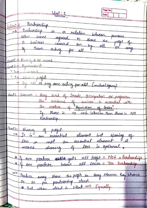 First page of CA foundation Business law Handwritten short notes Indian Partnership act 1932