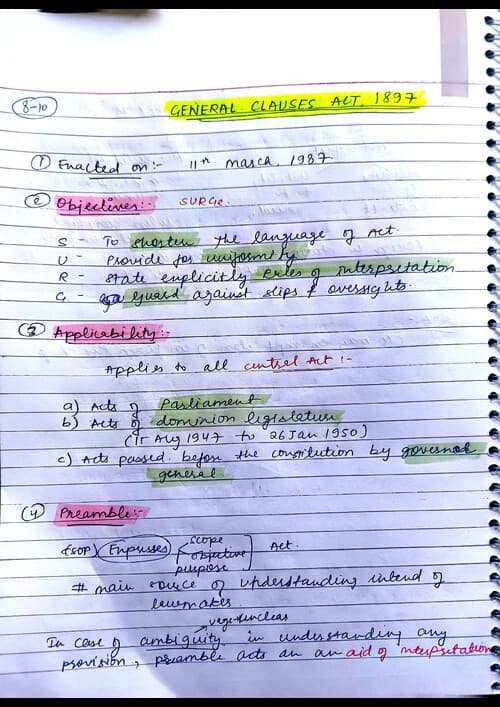 First page of Handwritten notes for last day revision+ full revision General clauses Act ,1897