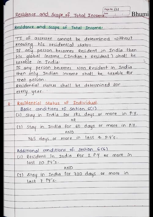 First page of Residential status and scope of total income DT Handwritten notes by BB Sir for May 26 and onwards.