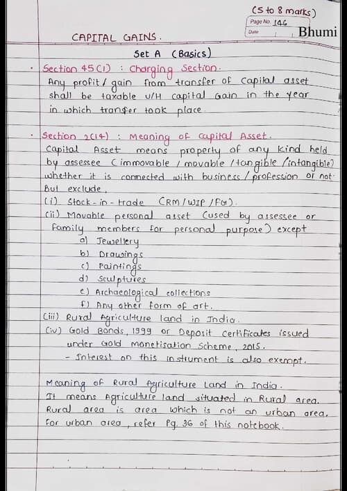 First page of Capital Gains DT Handwritten notes by BB Sir for May 26 and onwards.