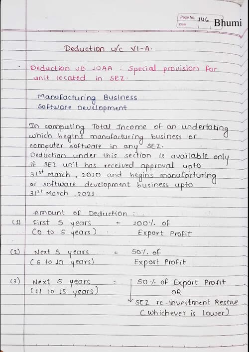 First page of Deduction u/c VI-A from GTI DT Handwritten notes by BB Sir for May 26 and onwards.