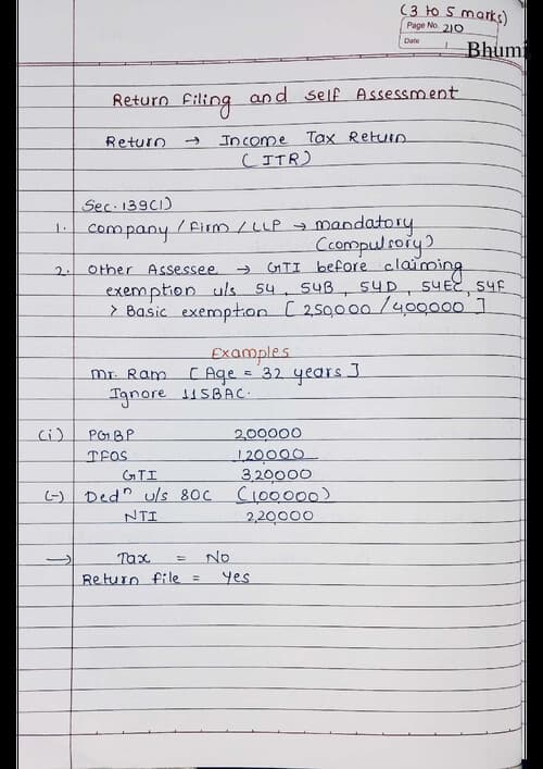 First page of Return filing and Self Assessment DT Handwritten notes by BB Sir for May 26 and onwards.