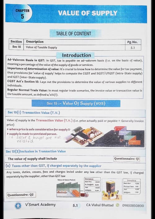 First page of GST CHP 5 Value of Supply concept book by Vishal Bhattad sir for May 26 and onwards.