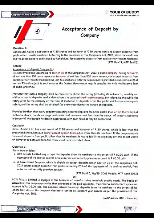 First page of Question Bank, Latest Edition 6 Shubham Singhal Law Chapter 5 Deposits (Applicable for May 2026 onwards)