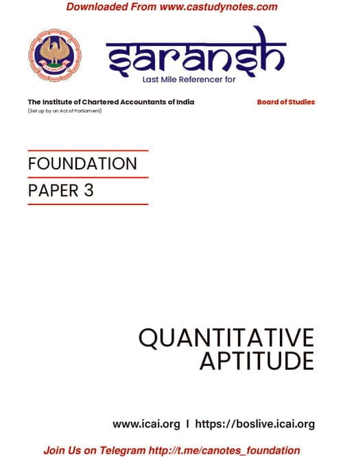 First page of Ca foundation quantitative aptitude Saransh by ICAI, all in one short note, with important MCQs