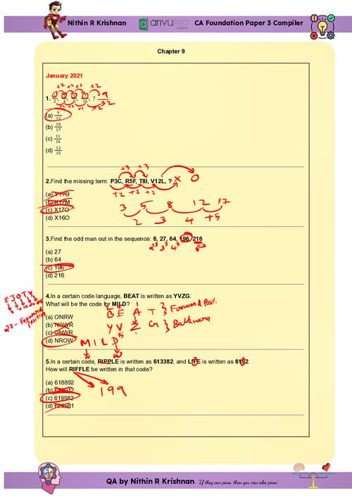 First page of Ca foundation quantitative aptitude chapter 9 MCQs of last 12 attempts PYQs with answers