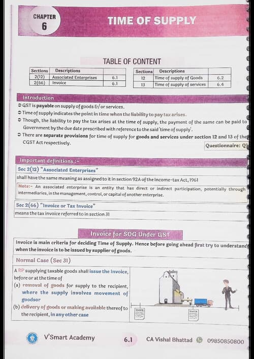 First page of GST CHP 6 Time of Supply concept book by CA Vishal Bhattad sir for May 26 and onwards.