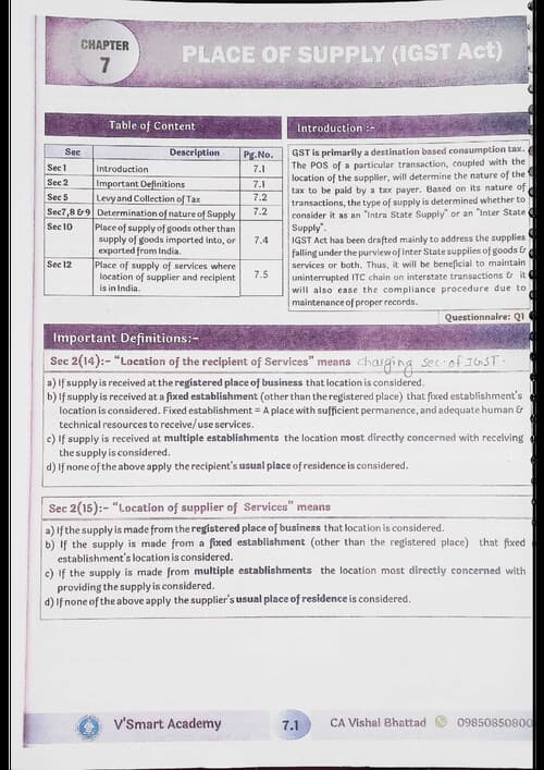 First page of GST CHP 7 Place of Supply concept book by CA Vishal Bhattad sir for May 26 and onwards.
