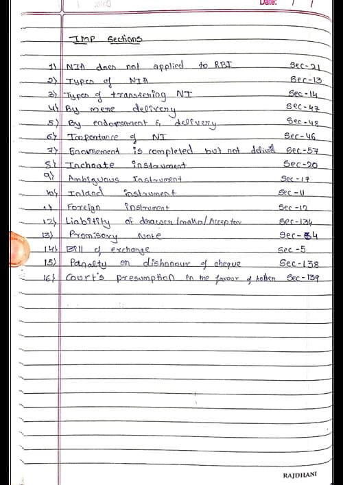 First page of Important sections of negotiable instrument act 1881