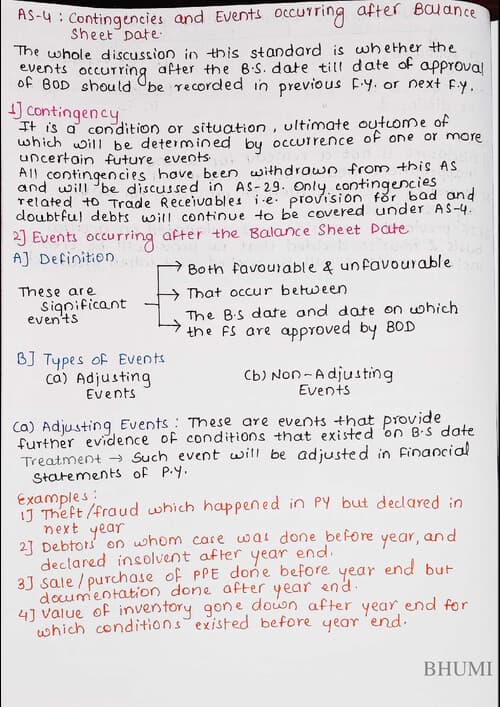 First page of AS 4: Contingencies and Events occurring after Balance Sheet Date quick revision notes.