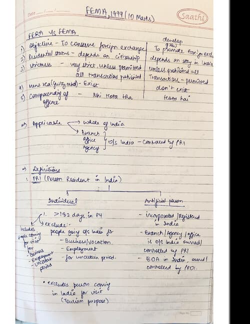 First page of FEMA handwritten notes for CA inter students