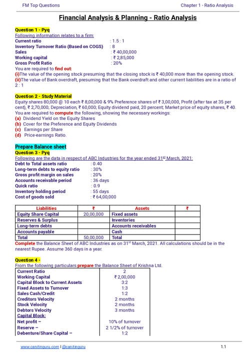 First page of Top question of ratio Analysis by nitin guru sir