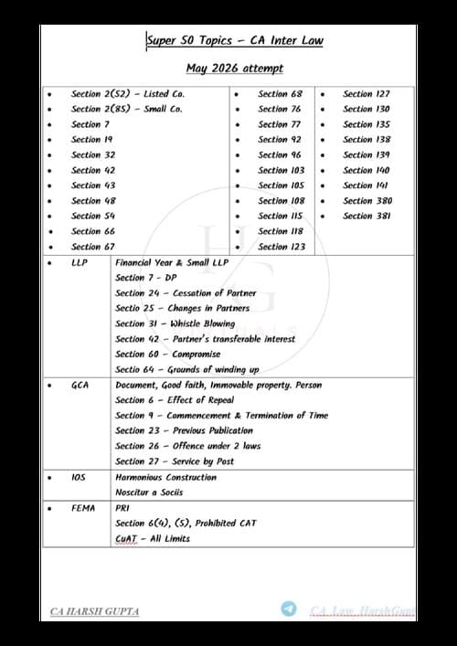 First page of #Exclusive #CA Harsh Gupta Sir's #Corporate &Other Law #Super 50 Topics #May 2026 Attempt