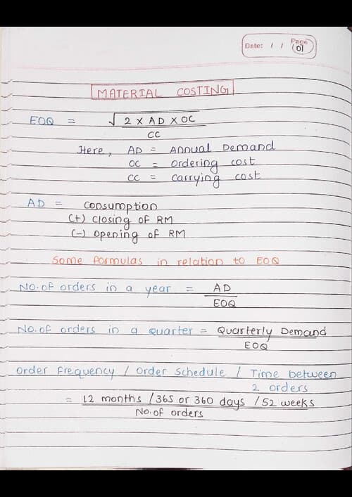 First page of Cost and Management Accounting All Formulas handwritten for a quick summary.