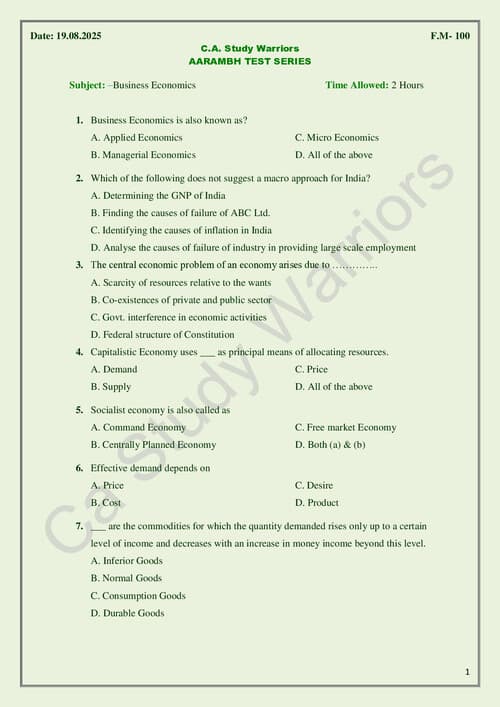 First page of Business Economics Mock Test paper -4 100 Marks