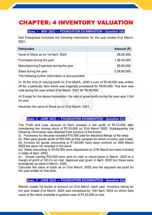 First page of inventory valuation practice questions