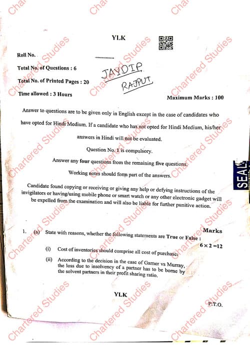 First page of Accounts question paper may 2026 Chartered studies