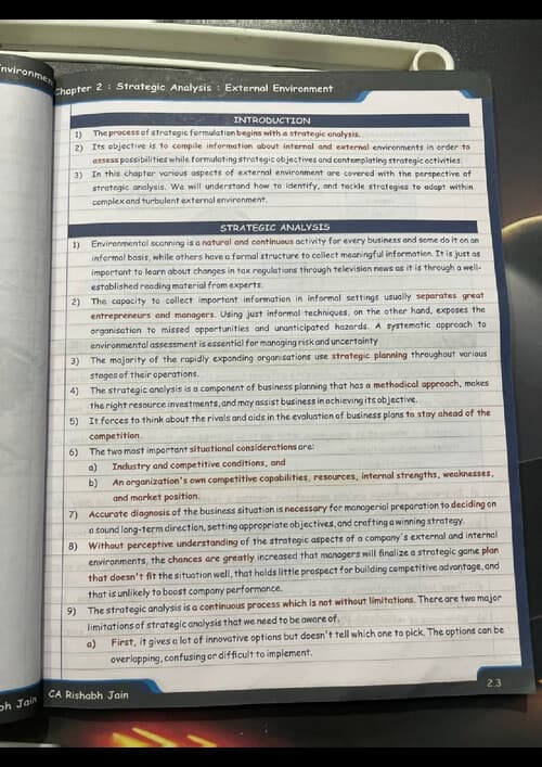 First page of #Exclusive #CA Rishabh Jain Sir's #Sep 26 & Jan 27 Exams SM Chapter 2:- Stategic Analysis : External Environment (Maestro or Regular Book)