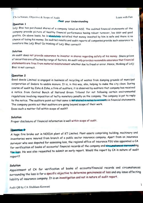 First page of #Auditing & Ethics #CA Shubham Keswani Sir's #Question Bank #Sep 2026 & Jan 2027 Exams # Chapter 1 :- Nature, Objective & Scope of Audit