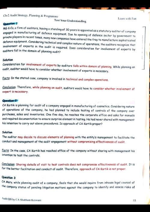 First page of #Auditing & Ethics #CA Shubham Keswani Sir's #Question Bank #Sep 2026 & Jan 2027 Exams # Chapter 2:- Auditing Strategy & Planning & Programme