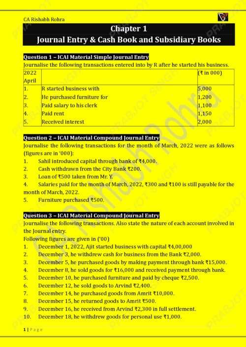 First page of CA foundation Accounting questions practice book by CA Rishabh Rohara sir