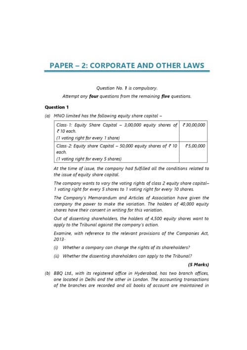 First page of CA INTERMEDIATE SUBJECT:- CORPORATE AND OTHER LAWS PYQ FROM MAY 2024 TO JANUARY 2026
