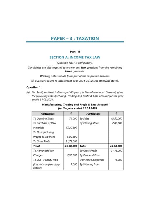 First page of CA INTERMEDIATE SUBJECT:- TAXATION PYQ FROM MAY 2024 TO JANUARY 2026