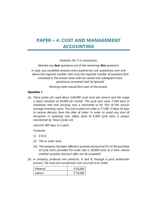 First page of CA INTERMEDIATE SUBJECT:- COST AND MANAGEMENT ACCOUNT PYQ FROM MAY 2024 TO JANUARY 2026