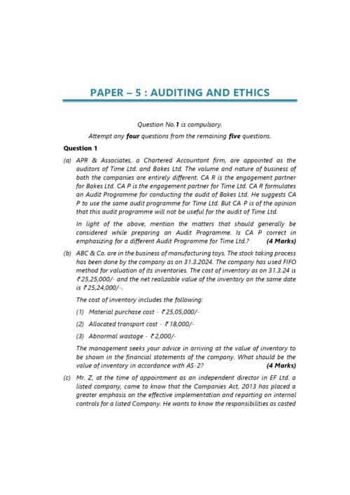 First page of CA INTERMEDIATE SUBJECT:- AUDIT AND ETHICS PYQ FROM MAY 2024 TO JANUARY 2026
